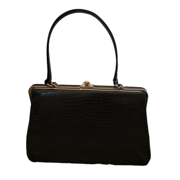 Vintage - 60's Black Leather Reptile Frame Handbag - Picture 2 of 5